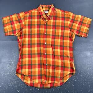 VTG Kmart Shirt Mens Medium Orange Red Madras Plaid Check Sanforized 80's